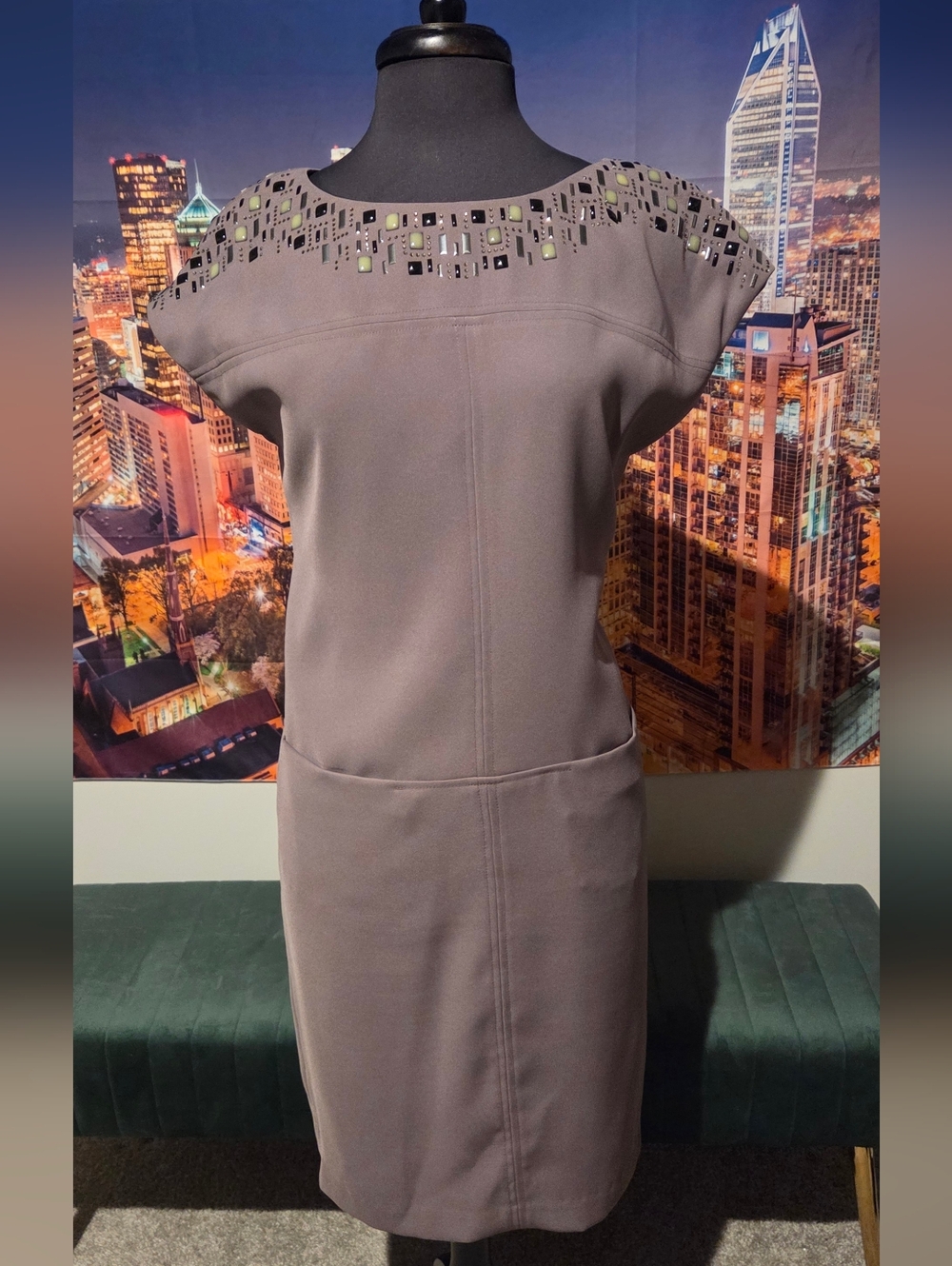 Anne Klein Taupe Embellished Cap-Sleeve Midi Dress